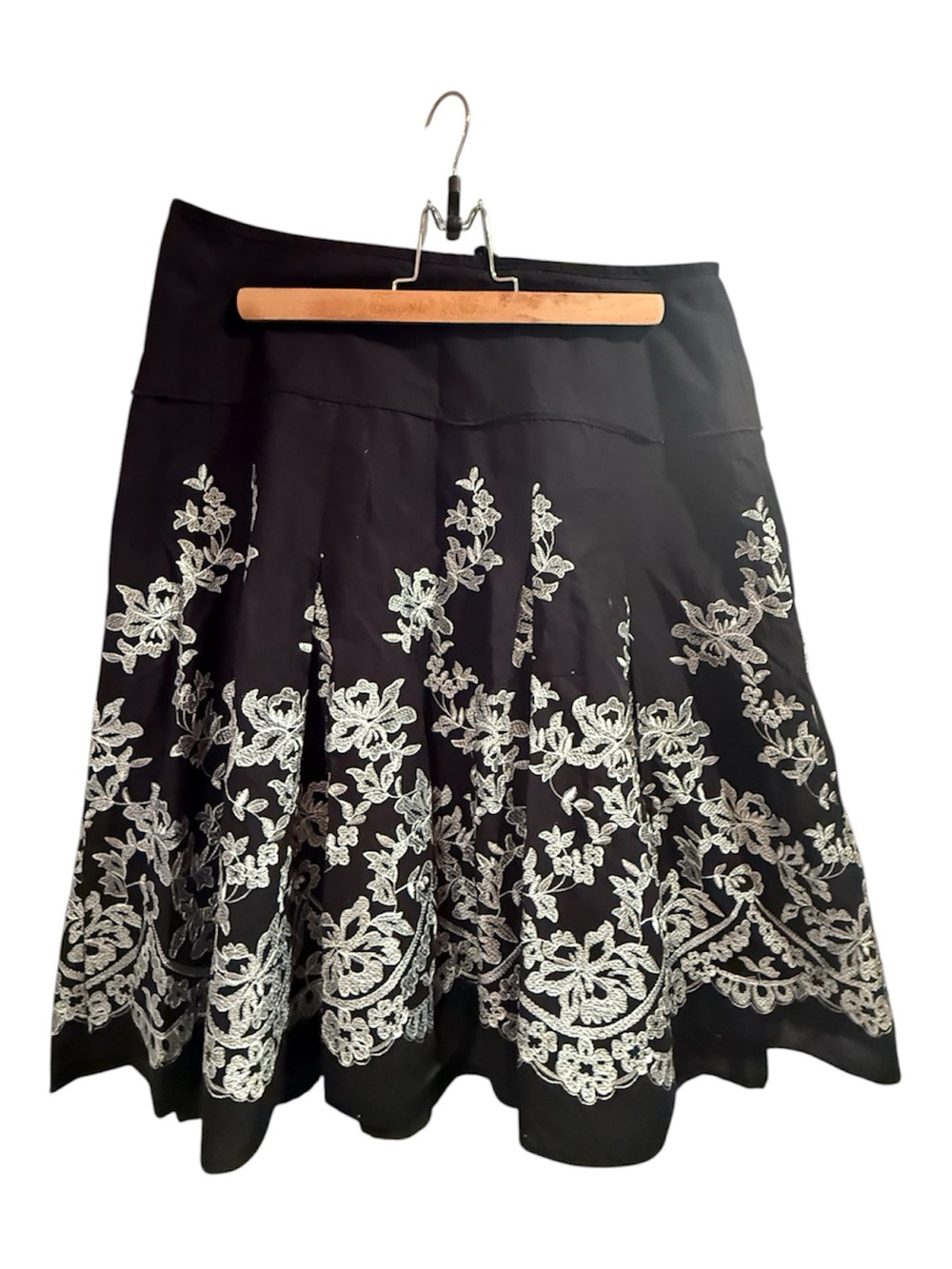 Black A-Line Skirt with White Floral Embroidery